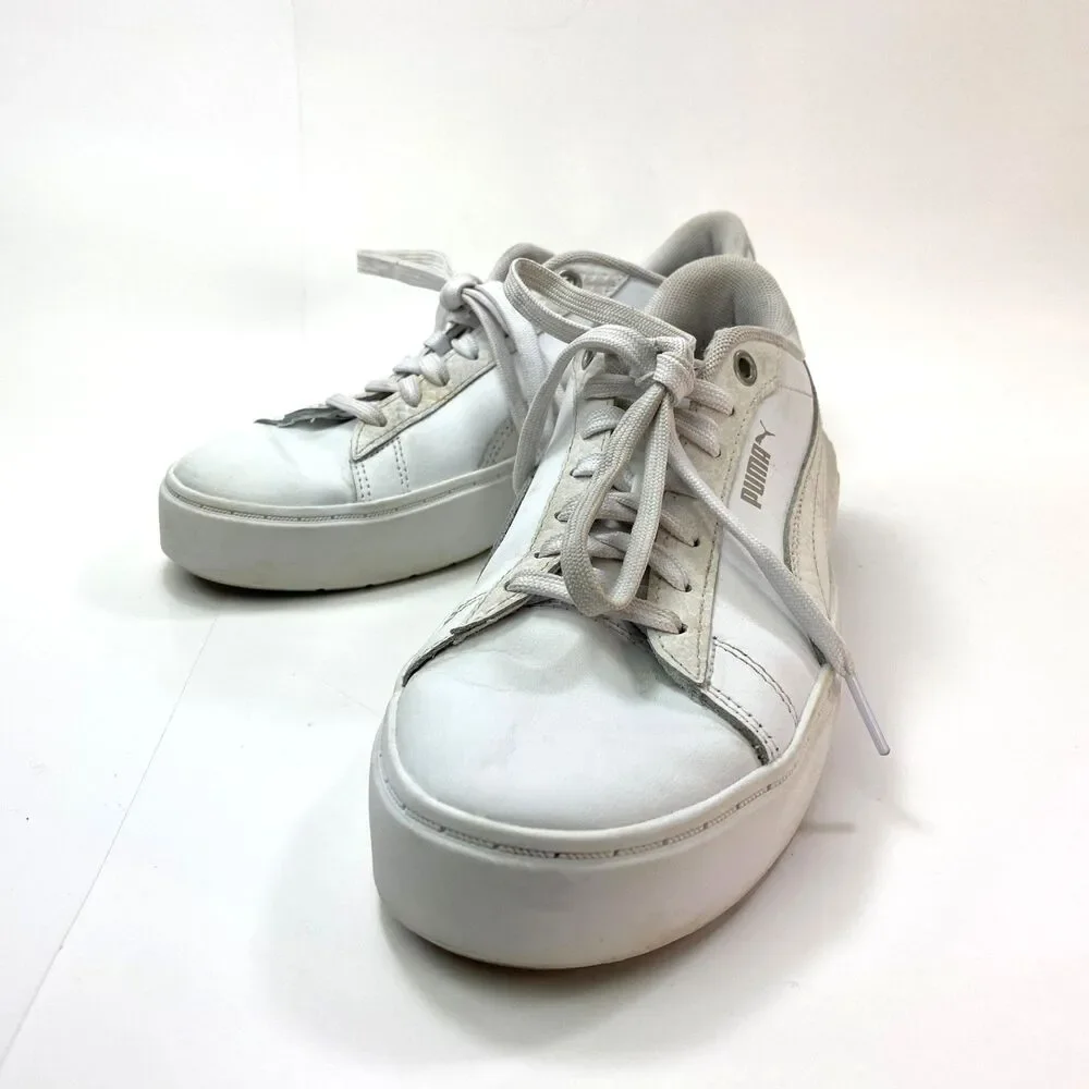 Puma White Leather Tennis Shoes Sneakers Size 8 Lace Soft Foam Cushioned Comfort